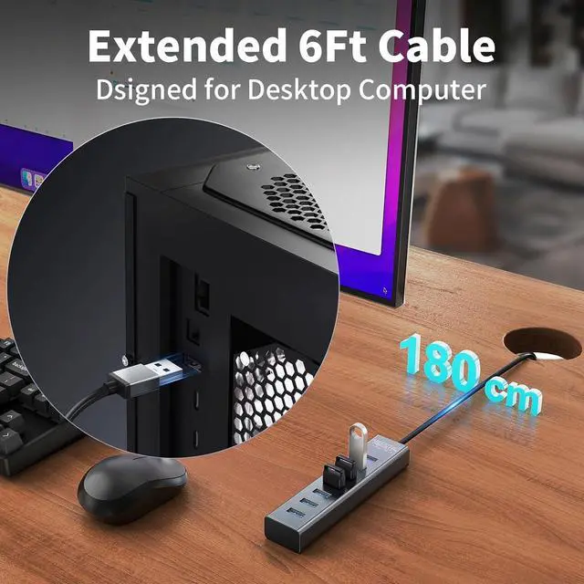 Alt view image 3 of 7 - 6Ft 7-Port USB 3.0 Hub for Desktop Aluminium USB Extender Hub 5Gbps Multiport Adapter Long Cable for Desktop PC Flash Drive Mobile HDD Windows/XPS 1.8m