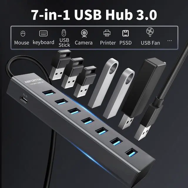 Alt view image 4 of 7 - 6Ft 7-Port USB 3.0 Hub for Desktop Aluminium USB Extender Hub 5Gbps Multiport Adapter Long Cable for Desktop PC Flash Drive Mobile HDD Windows/XPS 1.8m