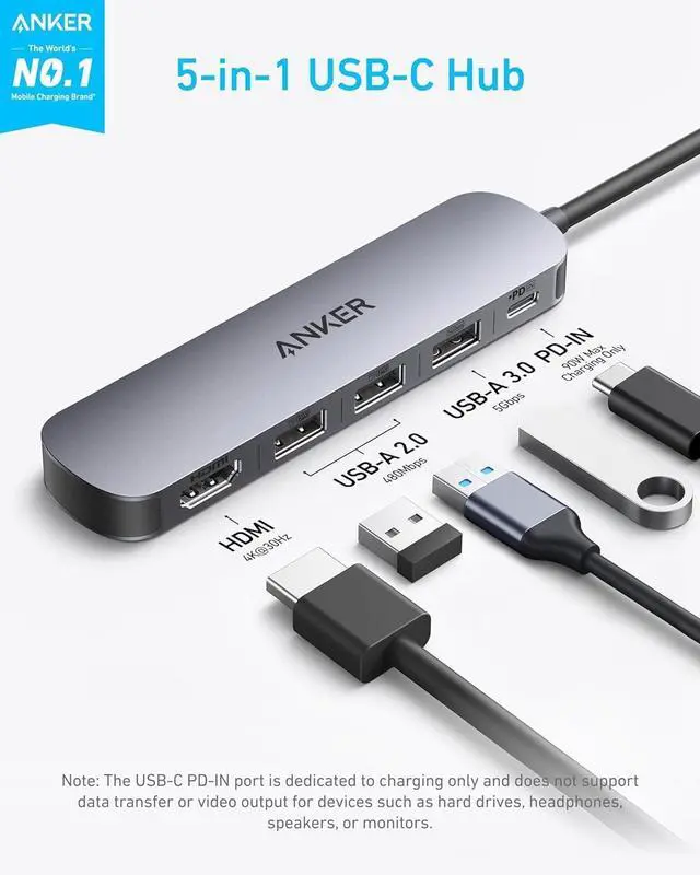 Alt view image 2 of 6 - USB C Hub (5-in-1) 4K@30Hz HDMI with 100W Max Power Delivery USBC & USBA Data Ports Compact and Stylish for MacBook  XPS and More (Charger Not Included)