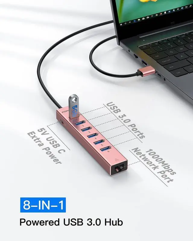 Alt view image 3 of 7 - Aluminum USB 3.0 Adapter USB to Ethernet HUB with 120CM Long Cable for Laptop USB Extender with Gigabit Ethernet Port and 5V/3A Power Port 7 Ports USB Hub for iMac PC Flash Drives (Rose Gold)