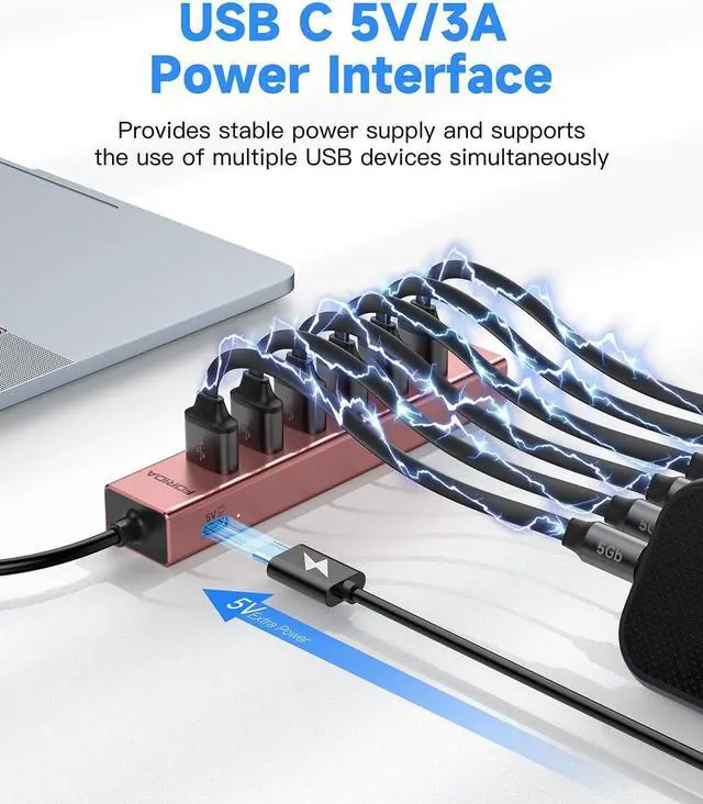 Alt view image 4 of 7 - Aluminum USB 3.0 Adapter USB to Ethernet HUB with 120CM Long Cable for Laptop USB Extender with Gigabit Ethernet Port and 5V/3A Power Port 7 Ports USB Hub for iMac PC Flash Drives (Rose Gold)