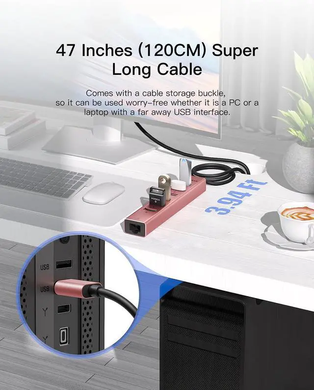 Alt view image 2 of 7 - Aluminum USB 3.0 Adapter USB to Ethernet HUB with 120CM Long Cable for Laptop USB Extender with Gigabit Ethernet Port and 5V/3A Power Port 7 Ports USB Hub for iMac PC Flash Drives (Rose Gold)