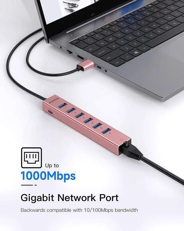 Alt view image 6 of 7 - Aluminum USB 3.0 Adapter USB to Ethernet HUB with 120CM Long Cable for Laptop USB Extender with Gigabit Ethernet Port and 5V/3A Power Port 7 Ports USB Hub for iMac PC Flash Drives (Rose Gold)