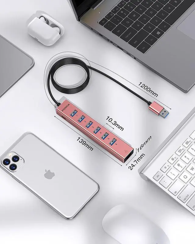 Alt view image 7 of 7 - Aluminum USB 3.0 Adapter USB to Ethernet HUB with 120CM Long Cable for Laptop USB Extender with Gigabit Ethernet Port and 5V/3A Power Port 7 Ports USB Hub for iMac PC Flash Drives (Rose Gold)