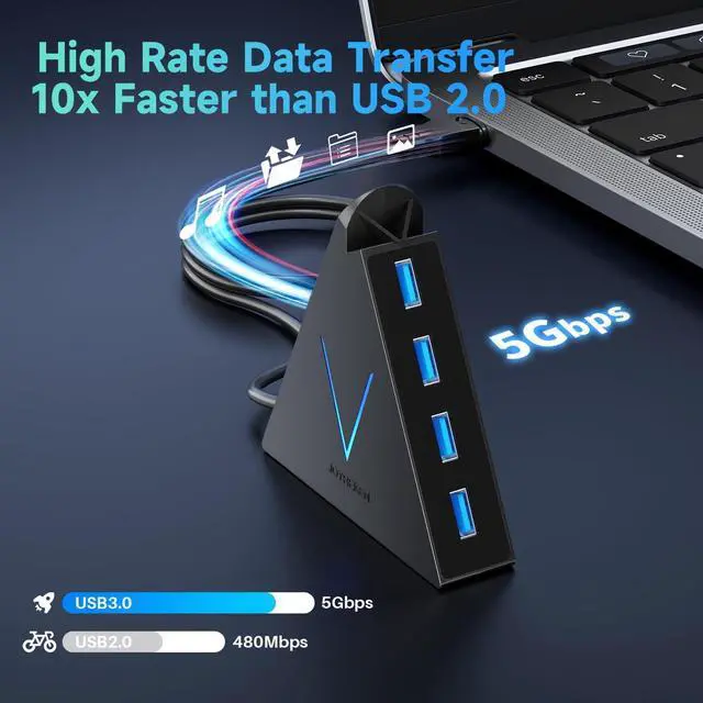 Alt view image 2 of 7 - 4-Port USB 3.0 Hub FlyingVHUB USB Hub Tower with 2 ft Extended Cable USB Splitter for Laptop PC PS4 PS5 Xbox Mouse Keyboard Flash Drive U-Disk (Black)