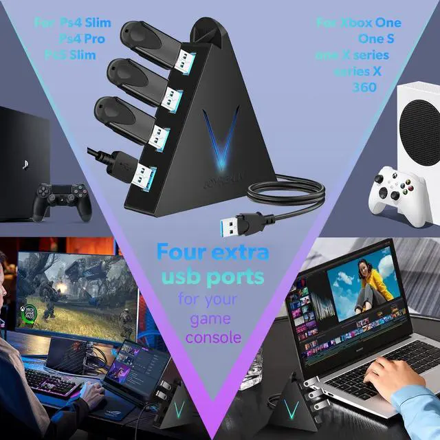 Alt view image 3 of 7 - 4-Port USB 3.0 Hub FlyingVHUB USB Hub Tower with 2 ft Extended Cable USB Splitter for Laptop PC PS4 PS5 Xbox Mouse Keyboard Flash Drive U-Disk (Black)