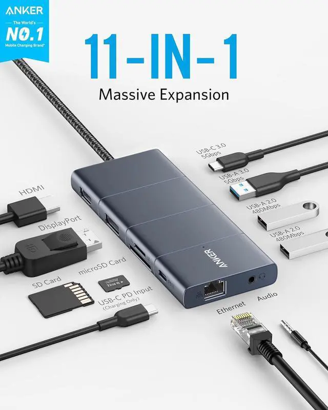 Alt view image 2 of 7 - Anker USB C Hub, PowerExpand+ 11-in-1 USB C Hub Adapter, with 4K@60Hz HDMI and DP, 100W Power Delivery, USB-C and 3 USB-A Data Ports, 1 Gbps Ethernet, 3.5mm Audio, microSD and SD Card Reader