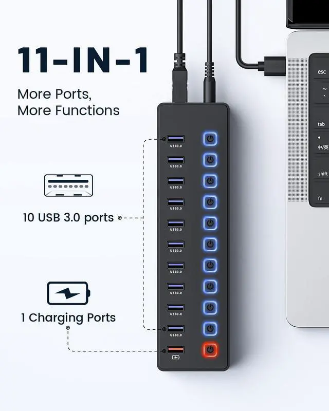 Alt view image 2 of 7 - USB hubPowered USB hub 11-Port hub Splitter10 USB 3.0 Data Transfer Port + 1 Smart Charging Port Independent Switch (with LED Working Indicator) USB 3.0 Hub Powered with Power Adapter for Mac/PC