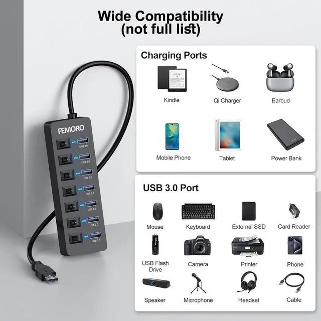 Alt view image 6 of 7 - Powered USB Hub 3.0 5Gbps Data Transfer 7 Ports and 12W Charging-only 1 Port with 5V/3A Power Adapter 4Ft Long Cable & Individual Switches for Laptop PC Flash Drive External SSD HDD Keyboard Mouse