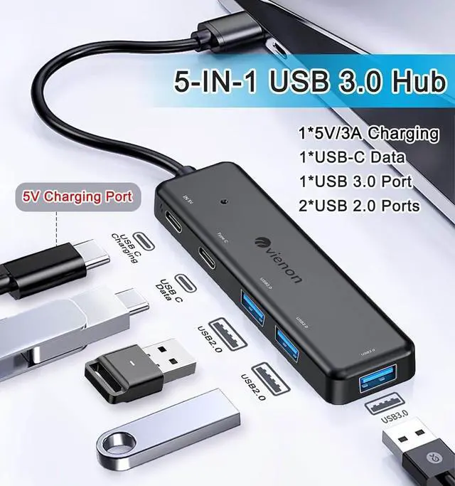 Alt view image 2 of 7 - VIENON USB 3.0 Hub 5 in 1 USB Extender with USB C Power & Data Ports USB Splitter USB Port Hub for Laptop/PC Multiport USB Dock for MacBook Mac Pro Mac Mini iMac Surface Pro XPS