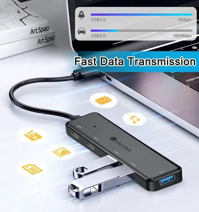 Alt view image 5 of 7 - VIENON USB 3.0 Hub 5 in 1 USB Extender with USB C Power & Data Ports USB Splitter USB Port Hub for Laptop/PC Multiport USB Dock for MacBook Mac Pro Mac Mini iMac Surface Pro XPS