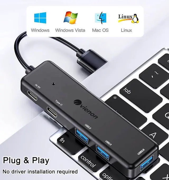 Alt view image 7 of 7 - VIENON USB 3.0 Hub 5 in 1 USB Extender with USB C Power & Data Ports USB Splitter USB Port Hub for Laptop/PC Multiport USB Dock for MacBook Mac Pro Mac Mini iMac Surface Pro XPS