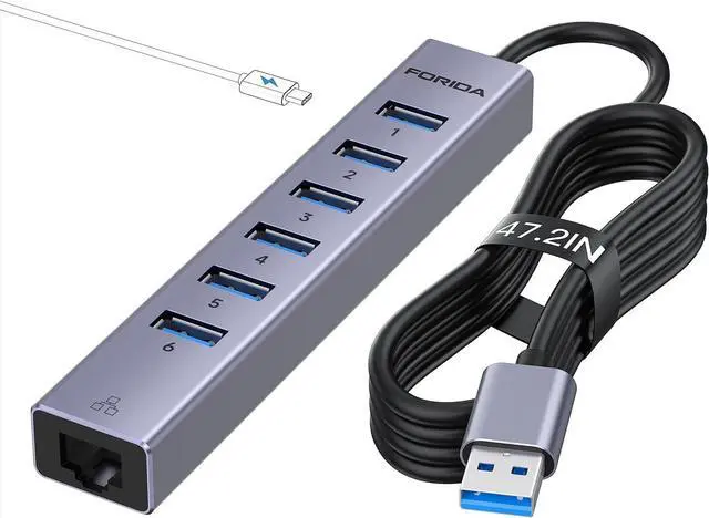 Main image of 7 Ports USB3.0 Hub USB Ethernet HUB with 3.9ft Long Cable for Laptop USB Splitter with Gigabit Ethernet Port and 5V/3A Power Port MultiPort Aluminum Expander for Laptop iMac PC Flash Drives