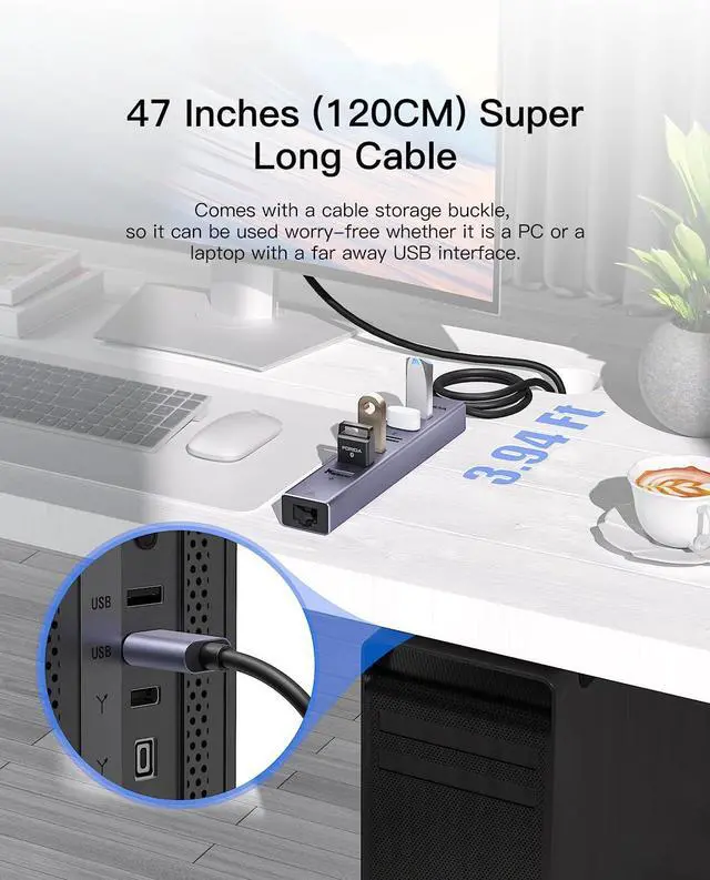 Alt view image 2 of 7 - 7 Ports USB3.0 Hub USB Ethernet HUB with 3.9ft Long Cable for Laptop USB Splitter with Gigabit Ethernet Port and 5V/3A Power Port MultiPort Aluminum Expander for Laptop iMac PC Flash Drives