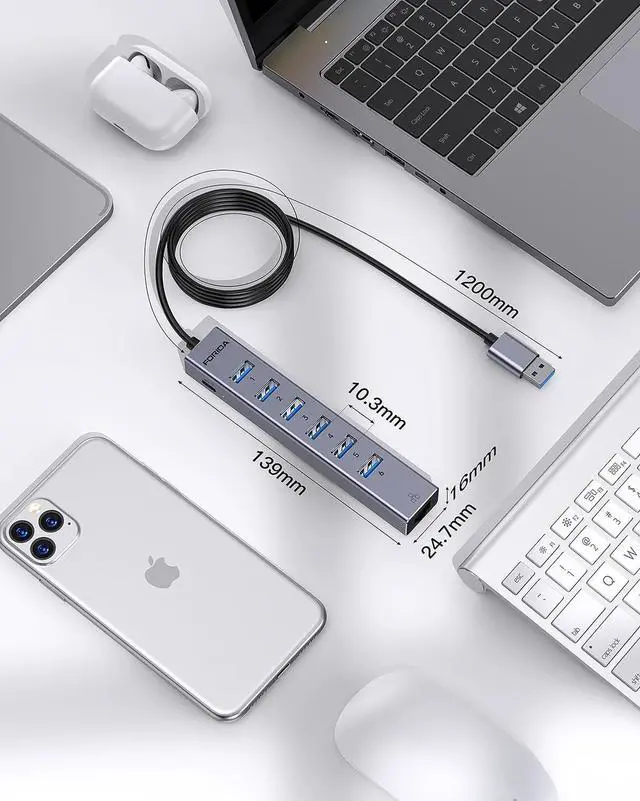 Alt view image 7 of 7 - 7 Ports USB3.0 Hub USB Ethernet HUB with 3.9ft Long Cable for Laptop USB Splitter with Gigabit Ethernet Port and 5V/3A Power Port MultiPort Aluminum Expander for Laptop iMac PC Flash Drives