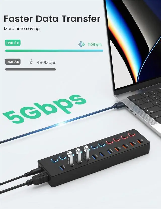 Alt view image 2 of 7 - Powered USB 3.0 Hub 11-Port USB Hub Splitter (7 Faster Data Transfer Ports+ 4 Smart Charging Ports) with Individual LED On/Off Switches USB Hub 3.0 Powered with Power Adapter for Mac PC