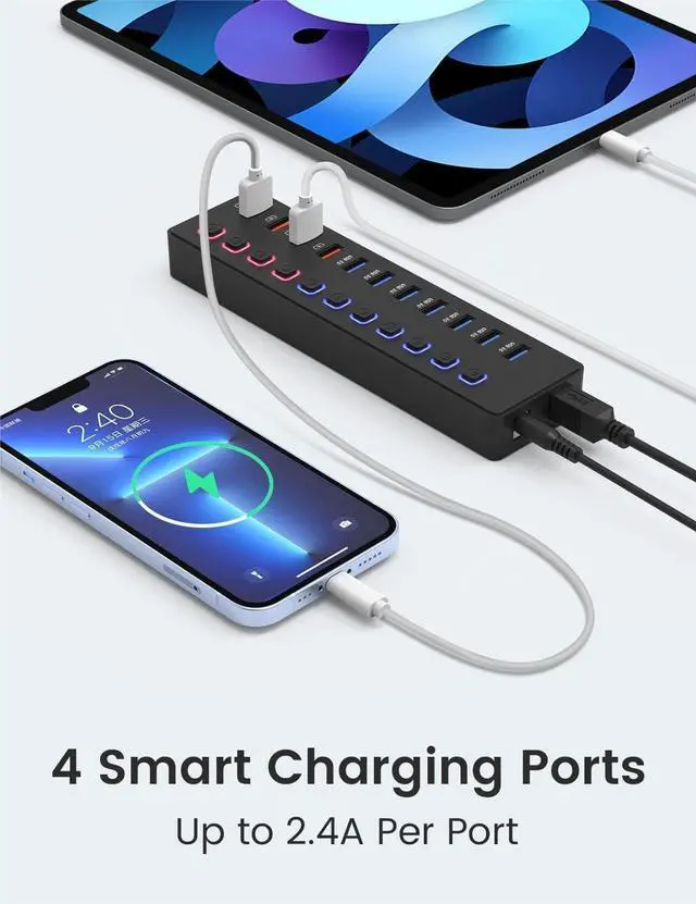 Alt view image 3 of 7 - Powered USB 3.0 Hub 11-Port USB Hub Splitter (7 Faster Data Transfer Ports+ 4 Smart Charging Ports) with Individual LED On/Off Switches USB Hub 3.0 Powered with Power Adapter for Mac PC