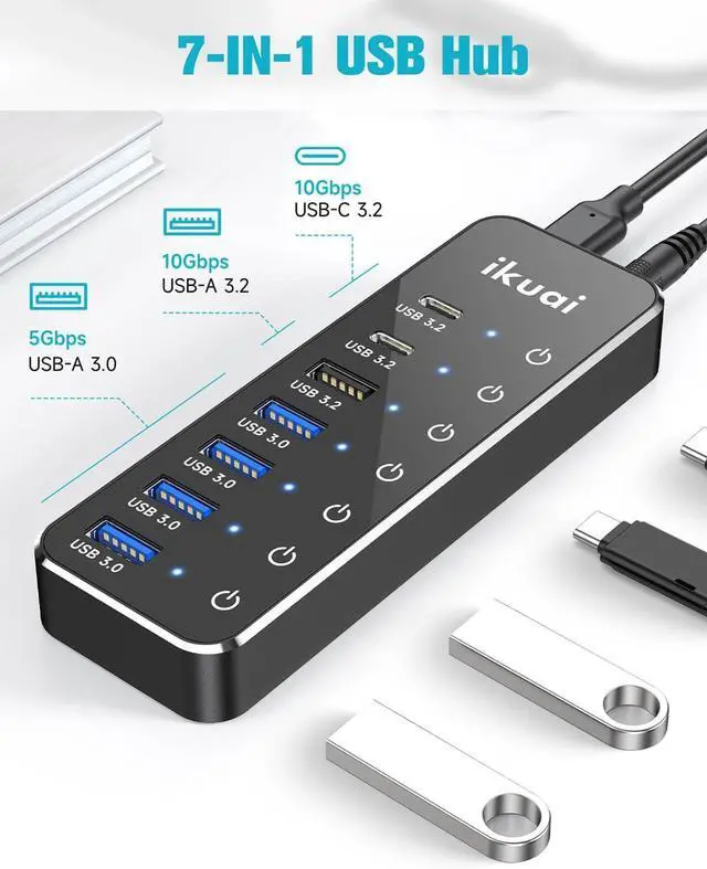 Alt view image 2 of 7 - Powered USB Hub 7-Port USB 3.2 / USB C Hub with 3 10Gbps Data Ports (2 USB-C + 1 USB-A) and 4 USB A 3.0 Ports for PC Laptops