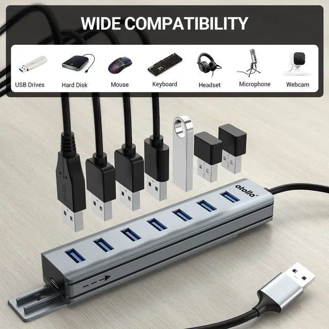 Alt view image 3 of 7 - USB Hub 3.0 7-Port USB Hub Splitter with Sliding Rails for Fixing to Table/Host/Tile Wall Edges Compatible with MacBook Laptop Surface Pro PS4 PC Flash Drive Mobile HDD