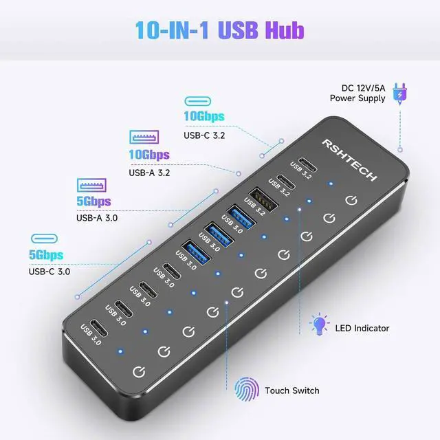 Alt view image 2 of 7 - RSHTECH 10 Ports Powered USB 3.2/USB C Hub Splitter 60W with 3 x 10Gbps USB 3.2 Ports (2C + 1A),7 x USB 3.0 Ports (4C +3A), 3.3ft Cable and Individual Touch Switches for Laptop PC