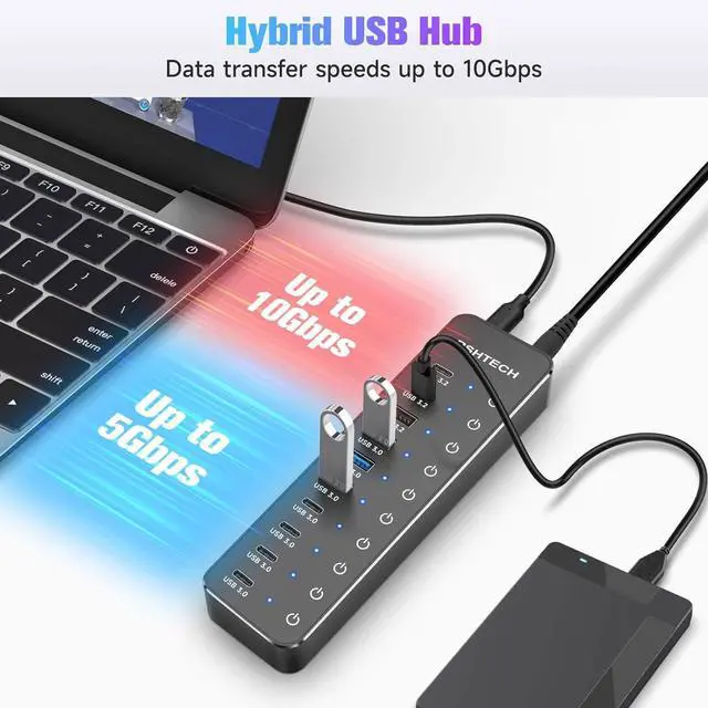Alt view image 3 of 7 - RSHTECH 10 Ports Powered USB 3.2/USB C Hub Splitter 60W with 3 x 10Gbps USB 3.2 Ports (2C + 1A),7 x USB 3.0 Ports (4C +3A), 3.3ft Cable and Individual Touch Switches for Laptop PC