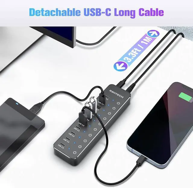 Alt view image 5 of 7 - RSHTECH 10 Ports Powered USB 3.2/USB C Hub Splitter 60W with 3 x 10Gbps USB 3.2 Ports (2C + 1A),7 x USB 3.0 Ports (4C +3A), 3.3ft Cable and Individual Touch Switches for Laptop PC