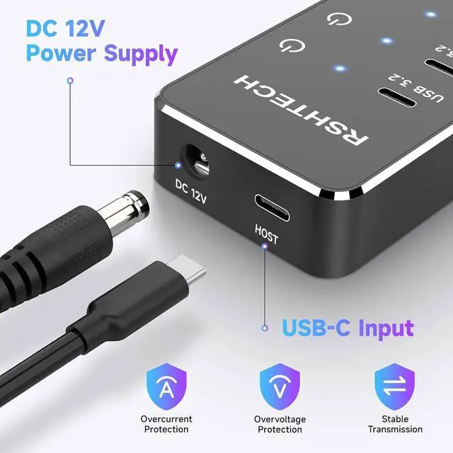 Alt view image 6 of 7 - RSHTECH 10 Ports Powered USB 3.2/USB C Hub Splitter 60W with 3 x 10Gbps USB 3.2 Ports (2C + 1A),7 x USB 3.0 Ports (4C +3A), 3.3ft Cable and Individual Touch Switches for Laptop PC