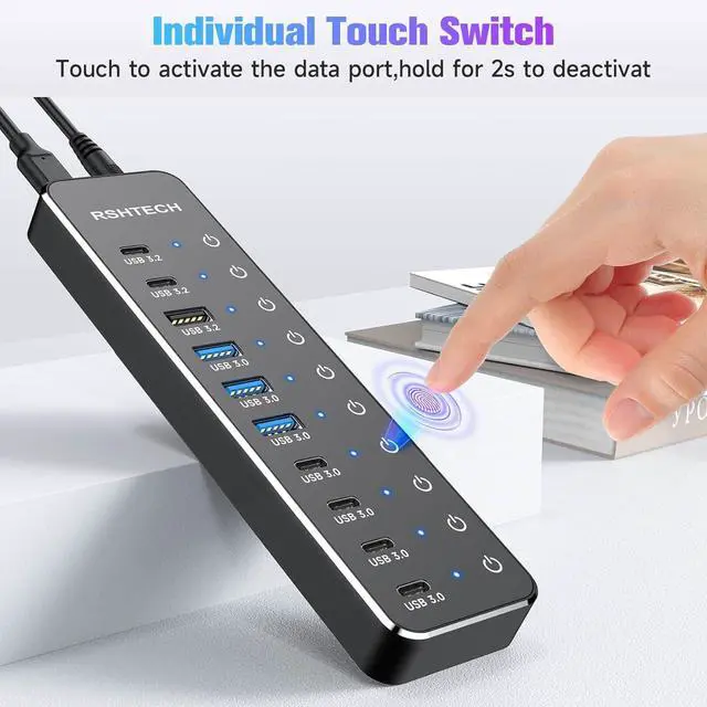 Alt view image 7 of 7 - RSHTECH 10 Ports Powered USB 3.2/USB C Hub Splitter 60W with 3 x 10Gbps USB 3.2 Ports (2C + 1A),7 x USB 3.0 Ports (4C +3A), 3.3ft Cable and Individual Touch Switches for Laptop PC