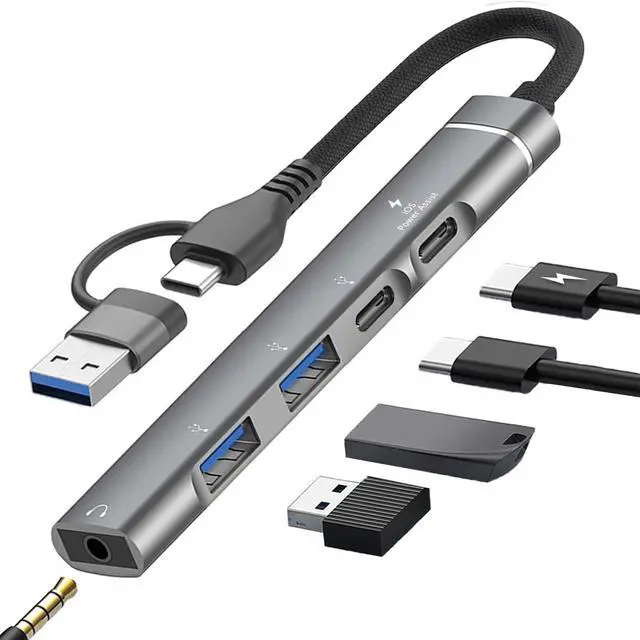 Main image of USB C Hub USB 3.0 Hub with 3.5mm Headphone Aux Jack 5-in-1 USB C to USB Adapter USB C Splitter with 15W PD USB 3.0 USB 2.0 USB C Ports USB C Dongle for MacBook Air/Pro XPS iMac iPad Pro
