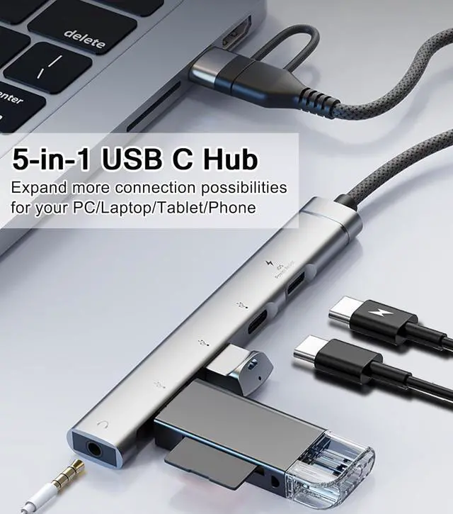 Alt view image 2 of 7 - USB C Hub USB 3.0 Hub with 3.5mm Headphone Aux Jack 5-in-1 USB C to USB Adapter USB C Splitter with 15W PD USB 3.0 USB 2.0 USB C Ports USB C Dongle for MacBook Air/Pro XPS iMac iPad Pro