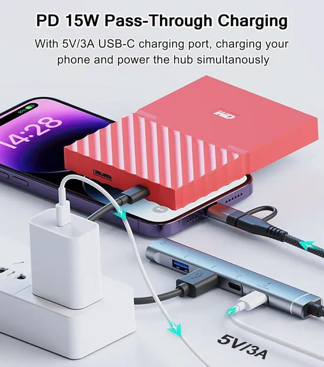 Alt view image 4 of 7 - USB C Hub USB 3.0 Hub with 3.5mm Headphone Aux Jack 5-in-1 USB C to USB Adapter USB C Splitter with 15W PD USB 3.0 USB 2.0 USB C Ports USB C Dongle for MacBook Air/Pro XPS iMac iPad Pro