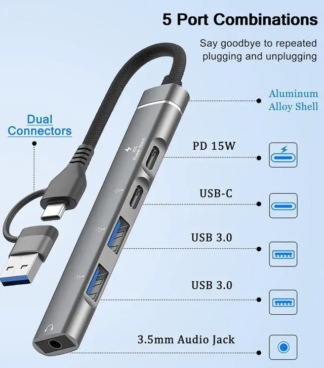 Alt view image 3 of 7 - USB C Hub USB 3.0 Hub with 3.5mm Headphone Aux Jack 5-in-1 USB C to USB Adapter USB C Splitter with 15W PD USB 3.0 USB 2.0 USB C Ports USB C Dongle for MacBook Air/Pro XPS iMac iPad Pro