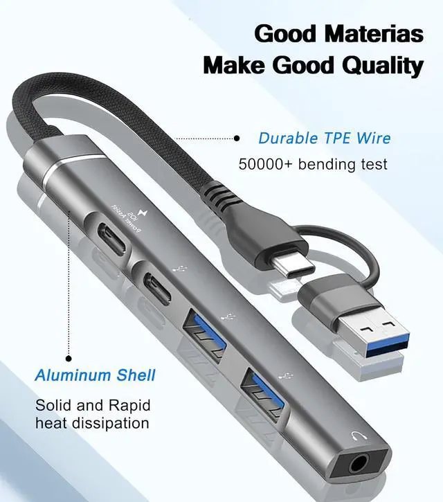 Alt view image 7 of 7 - USB C Hub USB 3.0 Hub with 3.5mm Headphone Aux Jack 5-in-1 USB C to USB Adapter USB C Splitter with 15W PD USB 3.0 USB 2.0 USB C Ports USB C Dongle for MacBook Air/Pro XPS iMac iPad Pro