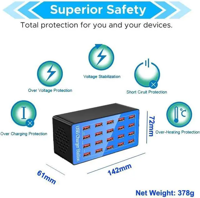 Alt view image 2 of 6 - 100W 20-Port Multi-Device USB Charging Station - Supports simultaneous Charging for Smartphones Tablets smartwatches and Other USB-Powered Devices.(20 Port Charger Station-Blue)