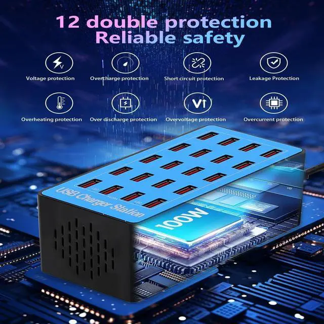 Alt view image 3 of 6 - 100W 20-Port Multi-Device USB Charging Station - Supports simultaneous Charging for Smartphones Tablets smartwatches and Other USB-Powered Devices.(20 Port Charger Station-Blue)