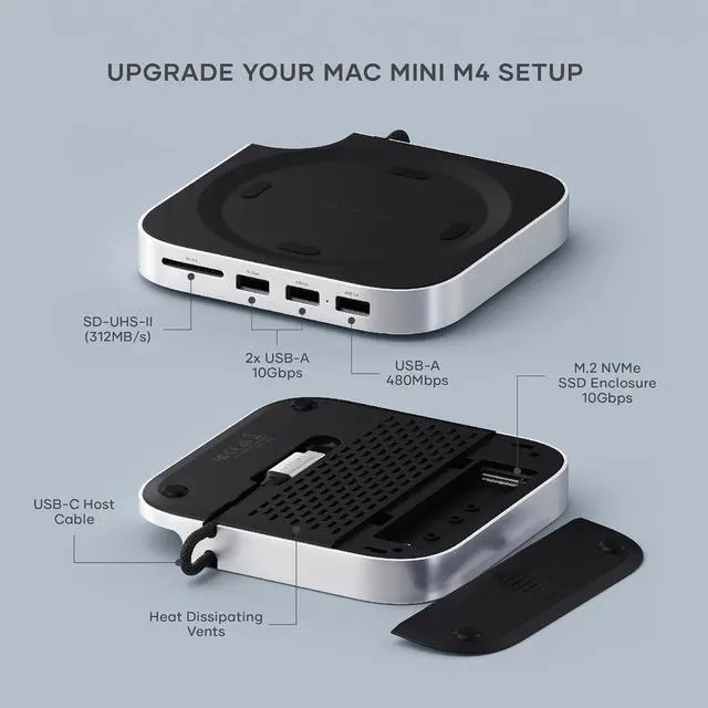 Alt view image 2 of 7 - Mac mini M4 Hub & Stand with NVMe SSD Enclosure Mac mini M4 Dock with 2xUSB A Up to 10Gbps USB A Data Port SD Card Reader for Mac mini M4 Mac mini M4 Pro - Silver