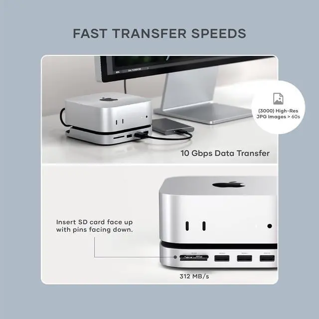 Alt view image 4 of 7 - Mac mini M4 Hub & Stand with NVMe SSD Enclosure Mac mini M4 Dock with 2xUSB A Up to 10Gbps USB A Data Port SD Card Reader for Mac mini M4 Mac mini M4 Pro - Silver