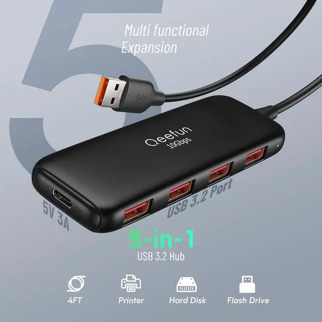 Alt view image 2 of 7 - Qeefun 10Gbps USB 3.2 Hub with 4 USB A Data Ports USB 3.2 Gen 2 Splitter 4ft Extended Long Cable and Type-C Power Port USB multiport Adapter for pc Laptop iMac Mac mini  XPS and More
