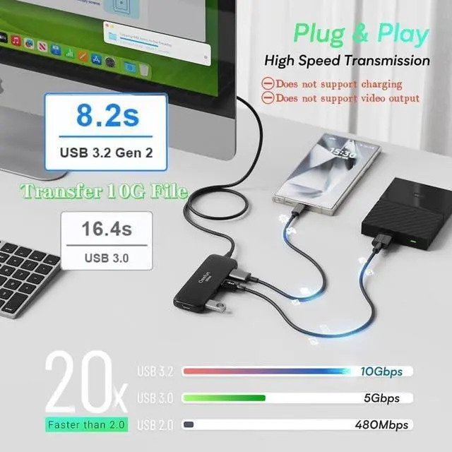 Alt view image 3 of 7 - Qeefun 10Gbps USB 3.2 Hub with 4 USB A Data Ports USB 3.2 Gen 2 Splitter 4ft Extended Long Cable and Type-C Power Port USB multiport Adapter for pc Laptop iMac Mac mini  XPS and More