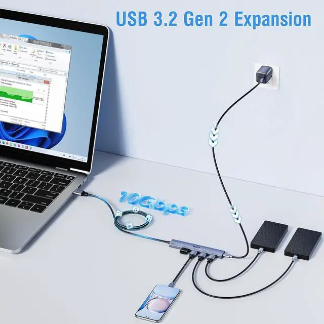 Alt view image 3 of 7 - ICZI USB 3.2 Hub 10Gbps 4 Port USB 3.2 Gen 2 Splitter with 4FT Cable for Laptop, Desktop PC, Xbox, PS5, iMac, Surface Pro, Xps