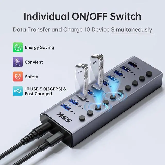 Alt view image 2 of 7 - 10 Port Powered USB 3.0 Hub 60W Aluminium USB Charging Hub with DC 12V5A Power Adapter Supports Simultaneous Fast Charge and 5Gbps Data Transmission USB Extender Hub with 3.96ft/1.2m Long Cable