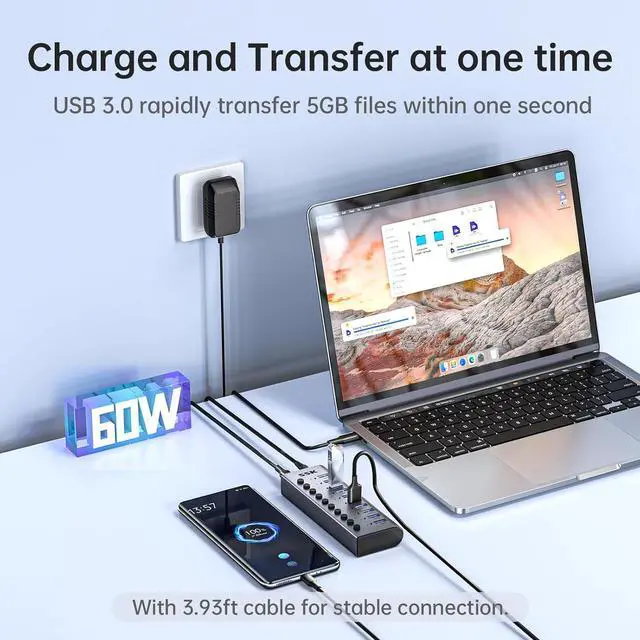 Alt view image 3 of 7 - 10 Port Powered USB 3.0 Hub 60W Aluminium USB Charging Hub with DC 12V5A Power Adapter Supports Simultaneous Fast Charge and 5Gbps Data Transmission USB Extender Hub with 3.96ft/1.2m Long Cable