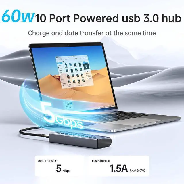 Alt view image 5 of 7 - 10 Port Powered USB 3.0 Hub 60W Aluminium USB Charging Hub with DC 12V5A Power Adapter Supports Simultaneous Fast Charge and 5Gbps Data Transmission USB Extender Hub with 3.96ft/1.2m Long Cable