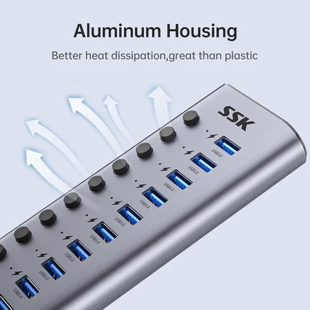 Alt view image 6 of 7 - 10 Port Powered USB 3.0 Hub 60W Aluminium USB Charging Hub with DC 12V5A Power Adapter Supports Simultaneous Fast Charge and 5Gbps Data Transmission USB Extender Hub with 3.96ft/1.2m Long Cable