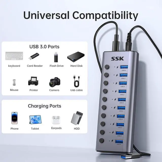 Alt view image 7 of 7 - 10 Port Powered USB 3.0 Hub 60W Aluminium USB Charging Hub with DC 12V5A Power Adapter Supports Simultaneous Fast Charge and 5Gbps Data Transmission USB Extender Hub with 3.96ft/1.2m Long Cable