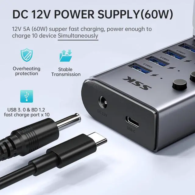 Alt view image 4 of 7 - 10 Port Powered USB 3.0 Hub 60W Aluminium USB Charging Hub with DC 12V5A Power Adapter Supports Simultaneous Fast Charge and 5Gbps Data Transmission USB Extender Hub with 3.96ft/1.2m Long Cable