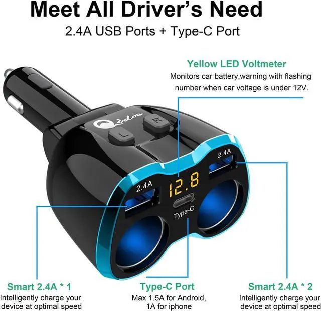 Alt view image 2 of 7 - Cigarette Lighter Splitter: USB C 12V Car Charger Adapter 2 Socket Type C Multi 12 Volt Power Outlet 24V DC 80W with LED Voltmeter Switch 6.3A Dual USB Port for Mobile Cell Phone GPS Dash Cam