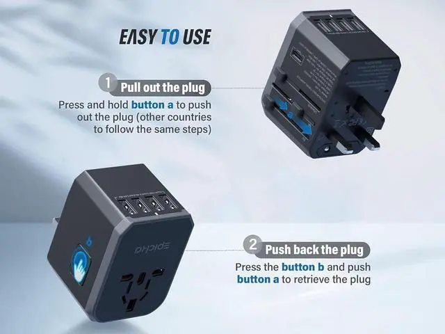 Alt view image 3 of 7 - EPICKA Universal Travel Adapter, European Travel Plug Adapter (Not a Voltage Converter) - International Power Adapter Worldwide Charger with USB-C & 4 USB-A Ports, Travel Essentials (TA-105, Grey)