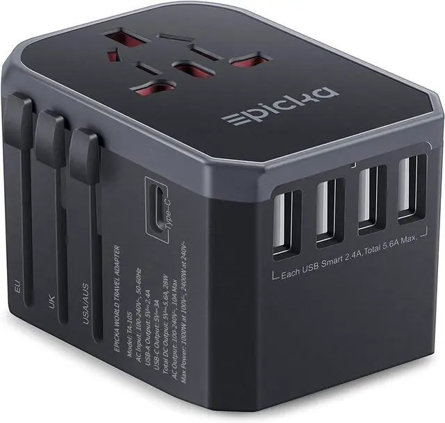 Main image of EPICKA Universal Travel Adapter, European Travel Plug Adapter (Not a Voltage Converter) - International Power Adapter Worldwide Charger with USB-C & 4 USB-A Ports, Travel Essentials (TA-105, Grey)