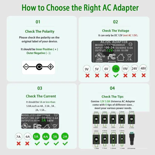 Alt view image 2 of 7 - 12V 5A Power Supply Adapter AC 100-240V 50-60Hz to DC in 12V 60W Power Cord Suit for 12 Volt 5.0A 4A 3.5A 3A LCD Monitor LED Strips Light CCTV Security Camera with 8 Connector.